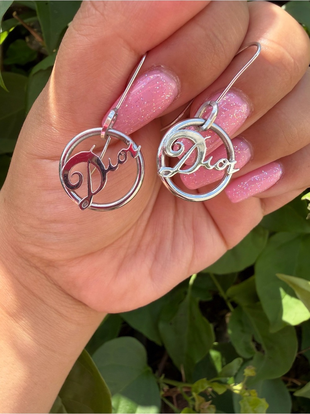 Dior Silver Script Circle Drop Earrings with Hook